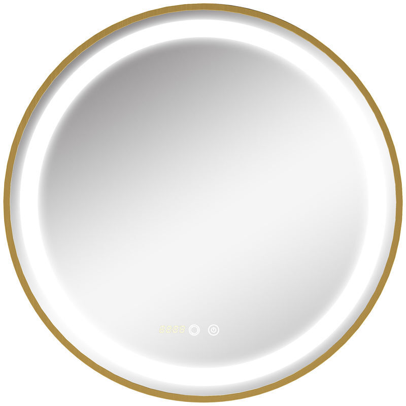 Kleankin espelho casa de banho com luz led ø60x4cm espelho redondo com interruptor tátil 3 luzes ajustáveis visualização de temperatura e hora função