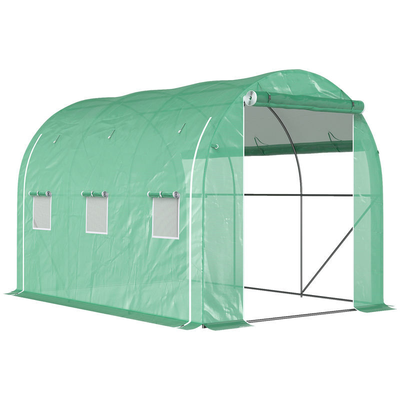 Outsunny estufa tipo túnel 296x196x200 cm estufa de jardim com 3 portas e 6 janelas enroláveis estufa com teto curvo para cultivo de plantas flores