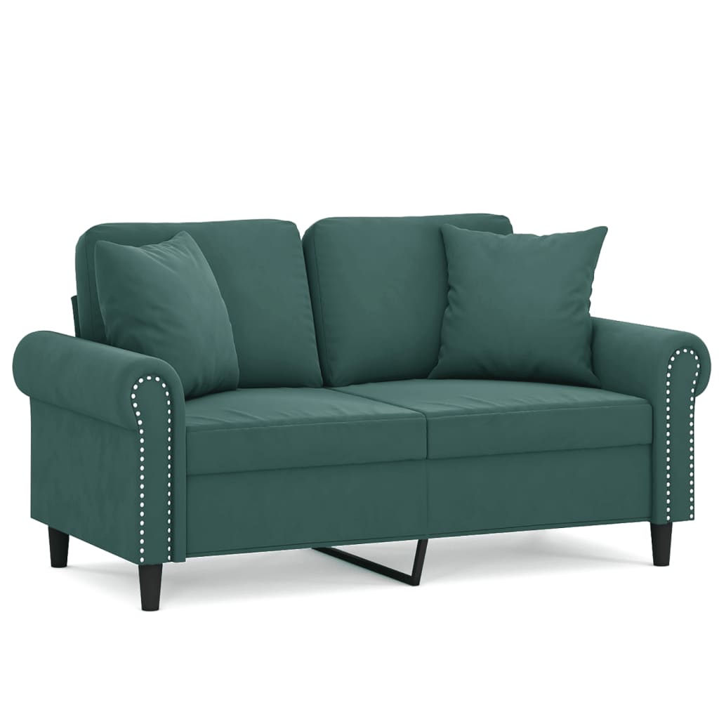Sofá 2 lug. - sofá fixo c/ almofadas decorativas 120 cm veludo verde-escuro