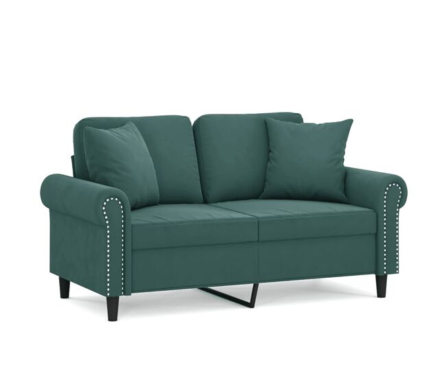 Sofá 2 lug. - sofá fixo c/ almofadas decorativas 120 cm veludo verde-escuro
