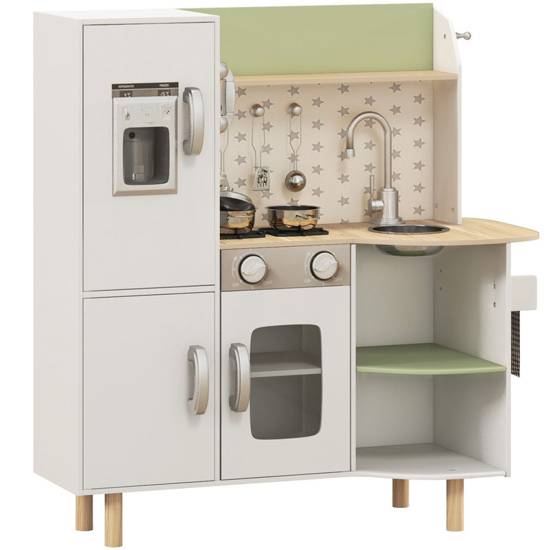 Aiyaplay cozinha de madeira para crianças de 3-6 anos cozinha infantil com máquina de gelo lavatório de aço inoxidável e utensílios 84x34x89 cm branco
