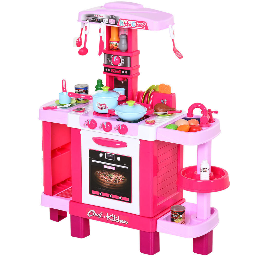 Homcom cozinha para crianças acima de 3 anos cozinha infantil com 38 acessórios luz som 78x29x87 cm rosa