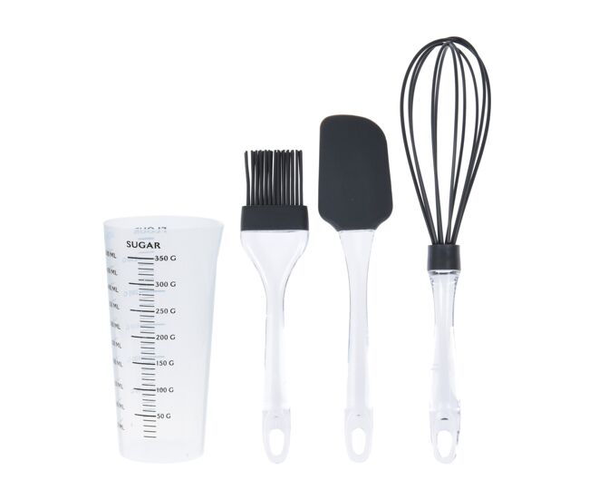 Conjunto para assar: copo medidor, espátula, batedor e pincel