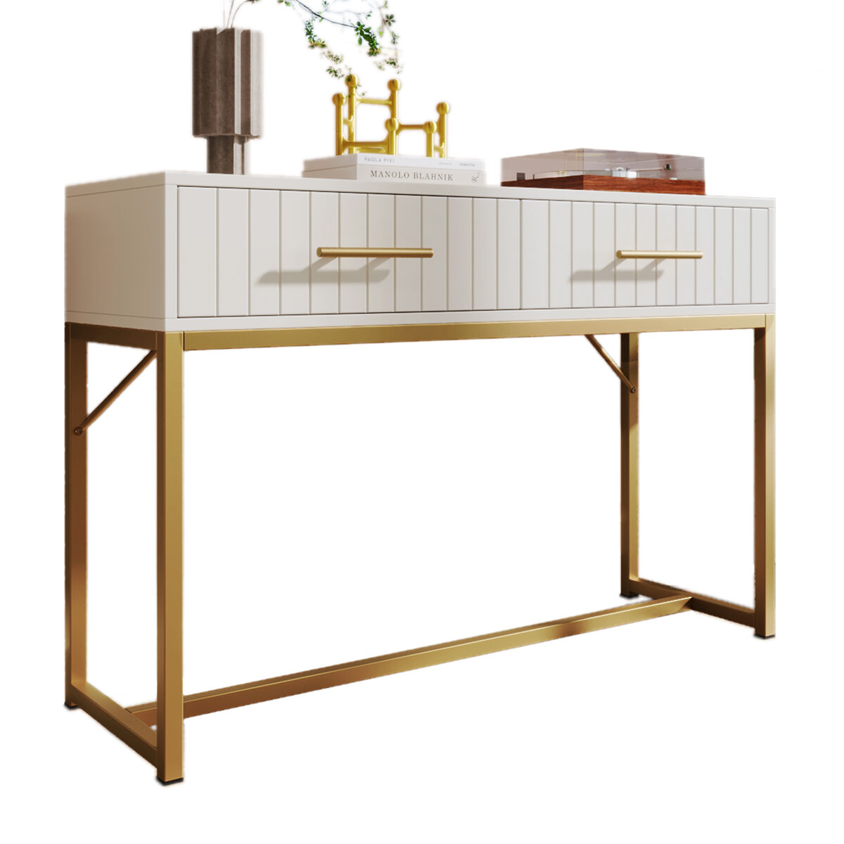 Toucador de painel de partículas com 2 gavetas,branco+dourado