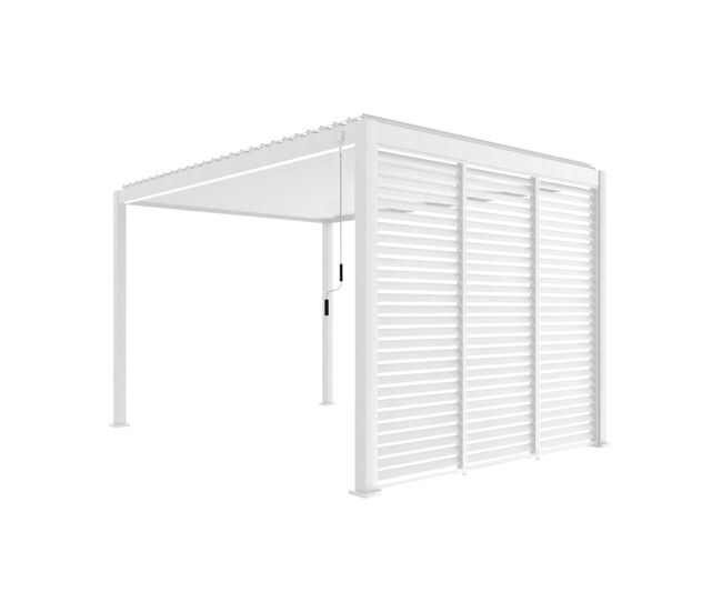 Pérgola bioclimática 3x4m de alumínio + 3 persianas de 100cm , triomphe 3x4m + acessórios, branco, 400x300x250 cm
