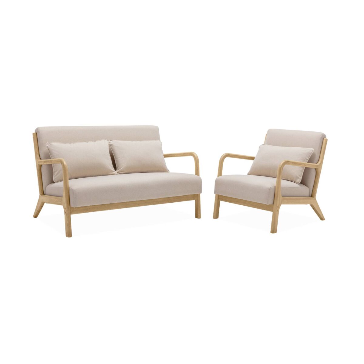 Banco de 2 lugares e poltrona em madeira com tecido bege, lorens, beige, 124x83x77 cm
