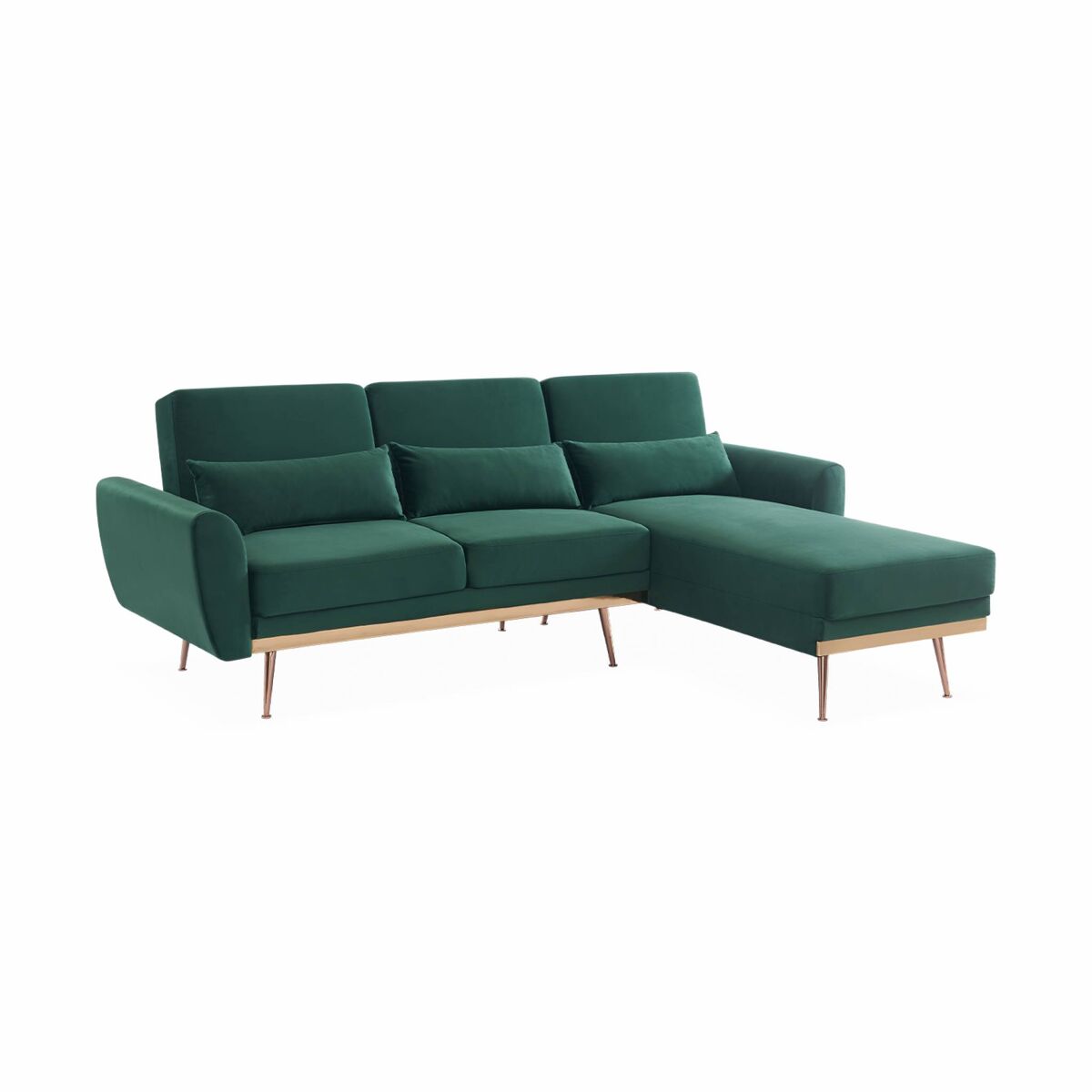Sofá de canto conversível reversível 3 lugares veludo, oskar, verde, 225x160x85 cm