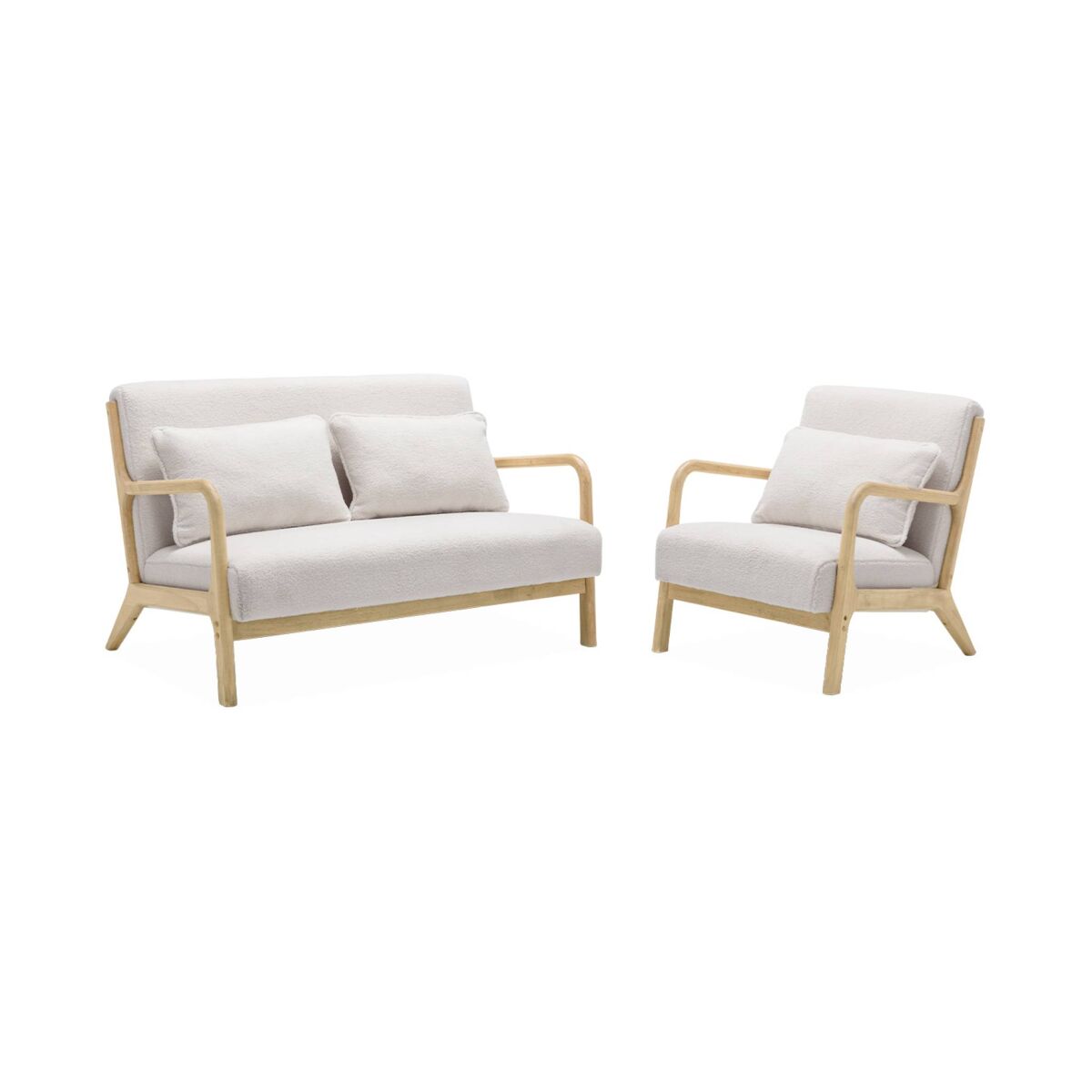 Banco de 2 lugares + poltrona em madeira e tecido boucle, lorens, boucle blanc, 124x83x77 cm