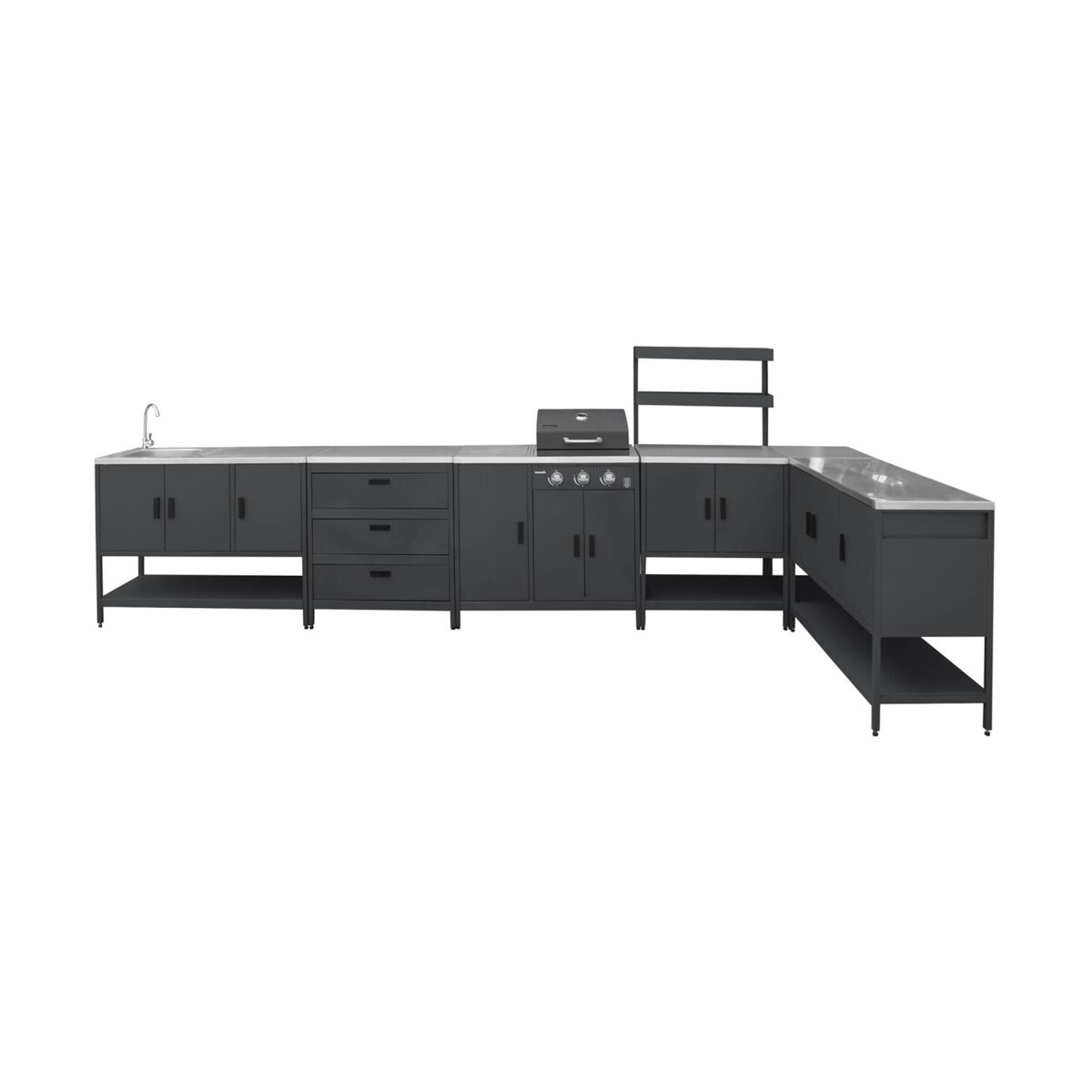 Cozinha exterior em aço inoxidável com churrasqueira a gás, 6 módulos, naxos barbecue a gás + 5 moduli, preto, 100x51x87.5 cm