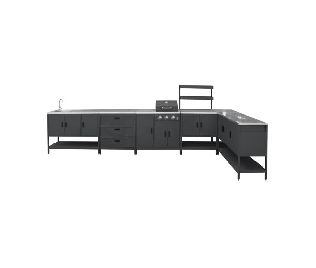 Cozinha exterior em aço inoxidável com churrasqueira a gás, 6 módulos, naxos barbecue a gás + 5 moduli, preto, 100x51x87.5 cm
