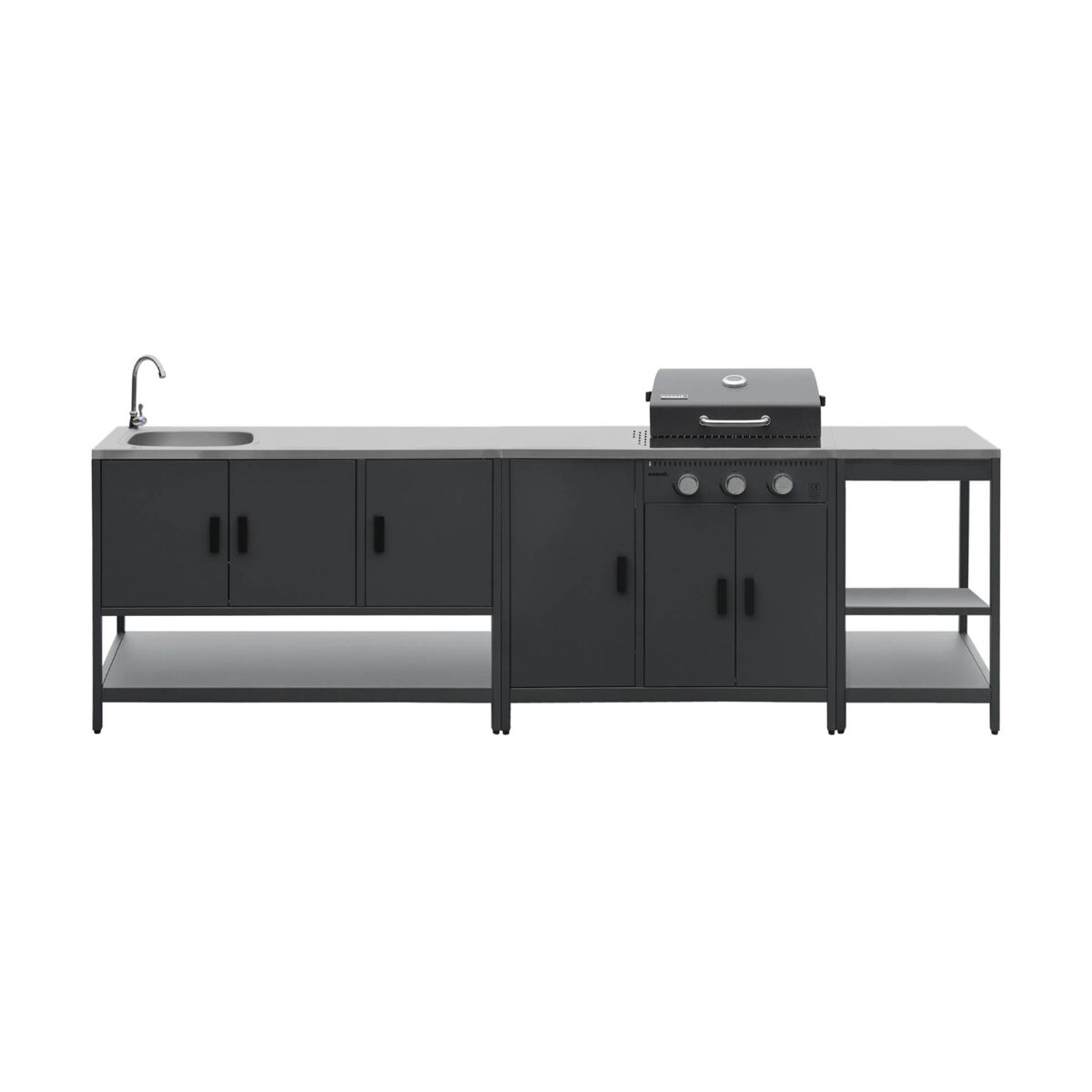 Cozinha exterior 3 módulos com churrasqueira à gaz 3 brûleurs em pés,, barbecue à gaz naxos + 3 módulos, noir, 100x51x87.5 cm