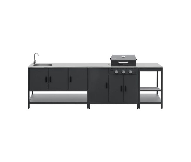 Cozinha exterior 3 módulos com churrasqueira à gaz 3 brûleurs em pés,, barbecue à gaz naxos + 3 módulos, noir, 100x51x87.5 cm