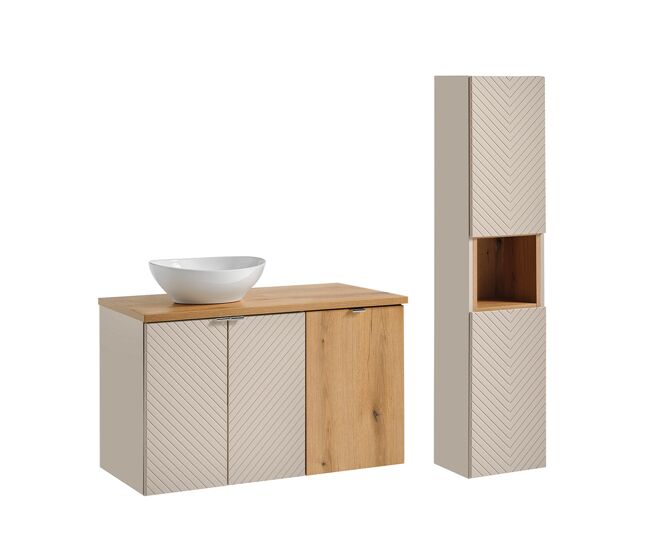 Conjunto lavatório individual 100cm 2 portas cesto de roupa suja e coluna manoa caxemira e madeira