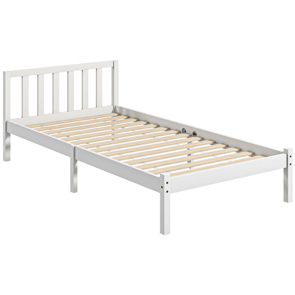 Homcom estrutura de cama de madeira estrado de cama de solteiro para colchão 190x90 cm carga 120 kg 198x96x70 cm branco