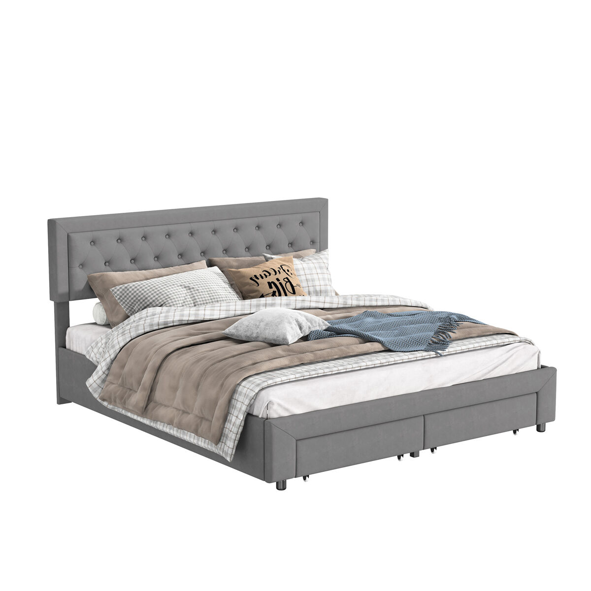 Simple Life Cama Estofada Em Veludo 160X200cm, Cama De Casal Com Gaveta, Sistema Hidráulico, Estrado De Ripas, Estrutura Em Madeira Maciça Como Cama Com Arrumação. Cinza