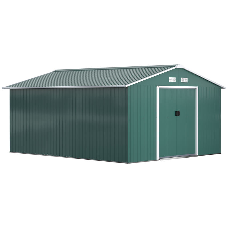 Outsunny caseta de jardim exterior, 12,4 m² 340x386x200 cm abrigo metálico de jardim com portas duplas com fechadura, kit de fundação e ventilação