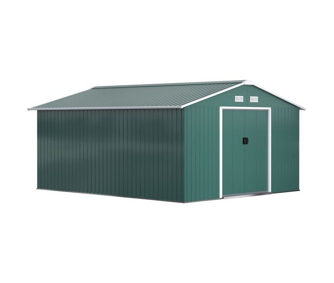 Outsunny caseta de jardim exterior, 12,4 m² 340x386x200 cm abrigo metálico de jardim com portas duplas com fechadura, kit de fundação e ventilação