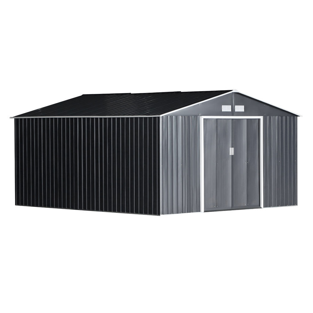 Outsunny casota de jardim exterior, 12,4 m² 340x386x200 cm abrigo de jardim metálico com portas duplas com fechadura, kit de fundação e ventilação