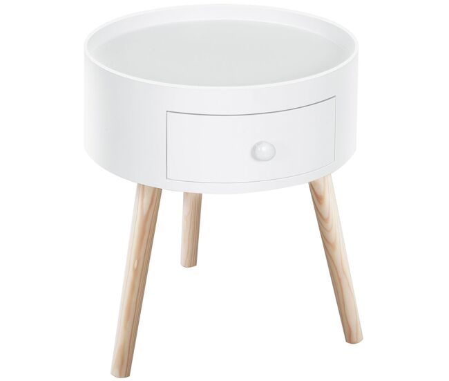 Homcom mesa de cabeceira com 1 gaveta mesa auxiliar redonda com borda elevada e 3 pés de madeira para dormitório sala de estar estilo moderno