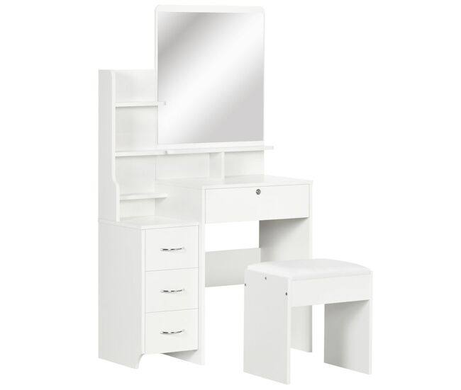 Homcom toucador de maquilhagem com banco e espelho mesa de maquilhagem com 4 gavetas 4 compartimentos de armazenamento estilo moderno 80x38x143cm