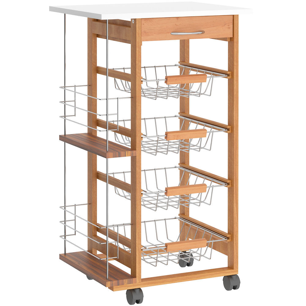 Homcom carrinho de cozinha com rodas carrinho auxiliar com gaveta 4 cestas amovíveis de metal e prateleiras laterais 47x37x83 cm madeira