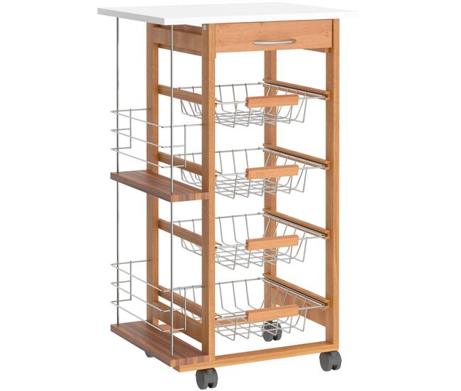 Homcom carrinho de cozinha com rodas carrinho auxiliar com gaveta 4 cestas amovíveis de metal e prateleiras laterais 47x37x83 cm madeira