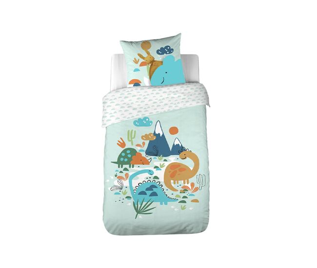 Conjunto de cama em algodão reversível estampado dinossauros, 140cm, dino, verde de água, 140x0.5x200 cm