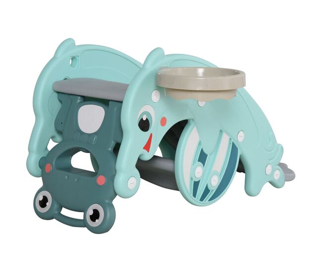 Homcom balanço em forma de sapo 3 em 1escorrega em forma de golfinho e cesta de basquete jogo multifuncional com superfícies suaves para crianças