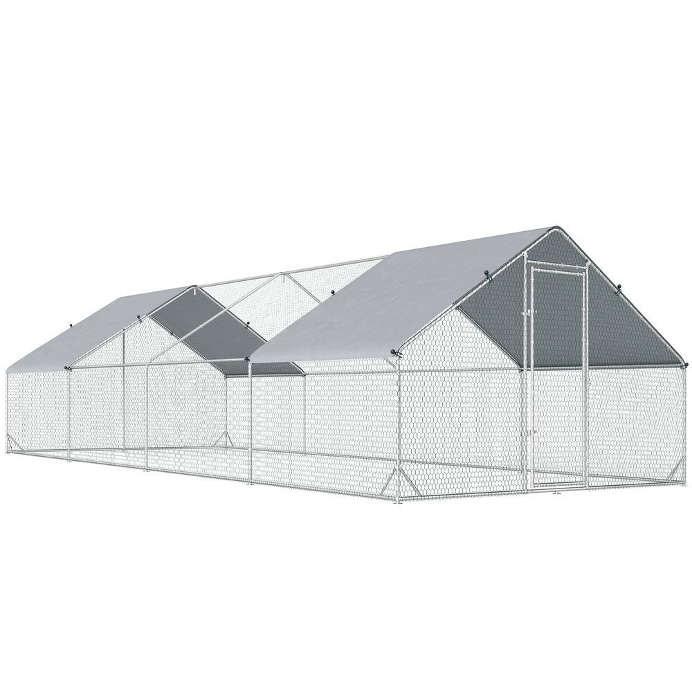 Pawhut galinheiro exterior grande 24 m² gaiola para 16-24 galinhas 3x8x2 m galinheiro de aço galvanizado com cobertura de pe e porta com fecho para