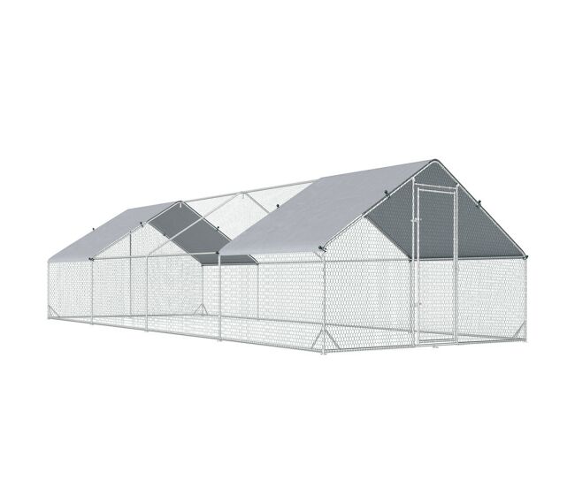Pawhut galinheiro exterior grande 24 m² gaiola para 16-24 galinhas 3x8x2 m galinheiro de aço galvanizado com cobertura de pe e porta com fecho para