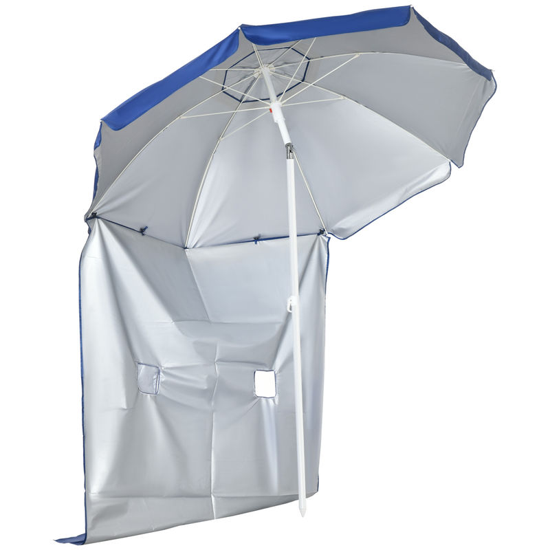 Outsunny chapéu de sol de praia com painel lateral ø191x211 cm chapéu de sol de praia com manivela manual teto inclinável 2 bolsos e 2 janelas para