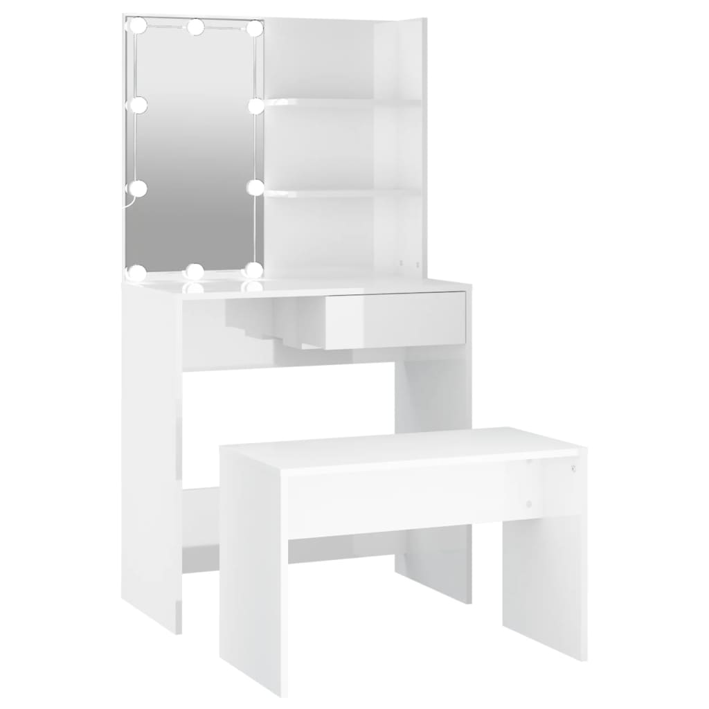 Conjunto penteadeira - toucador com led madeira processada branco brilhante