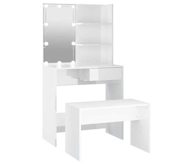 Conjunto penteadeira - toucador com led madeira processada branco brilhante
