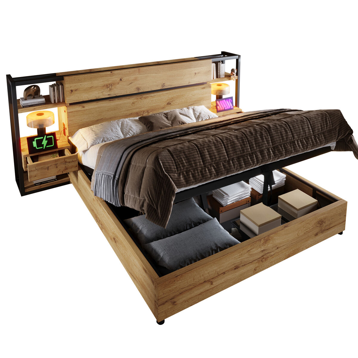 Cama de casal de mdf e metal 180x200cm com armazenamento,carvalho