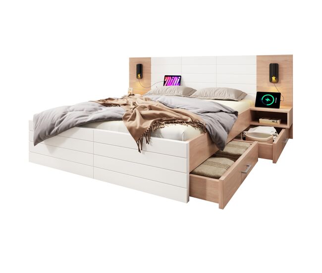Cama de casal de madeira maciça 140x200cm com 2 gavetas,branco+carvalho