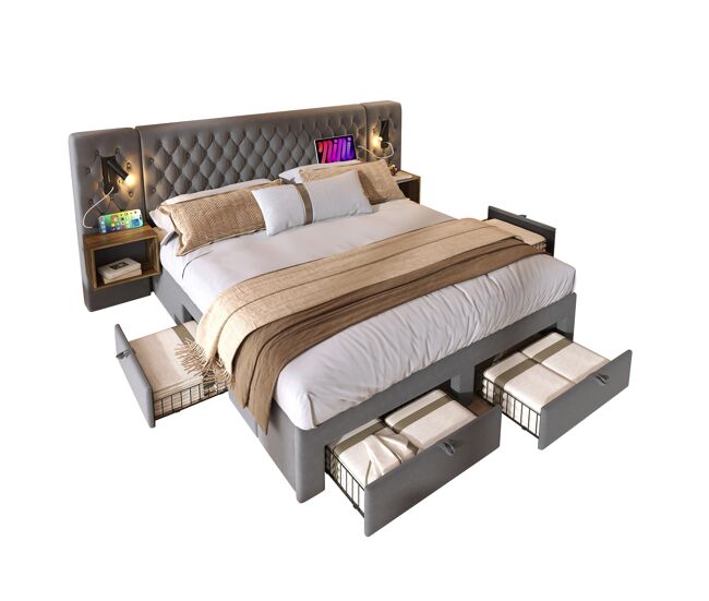 Cama de casal de veludo 160x200cm com 4 gavetas,cinzento