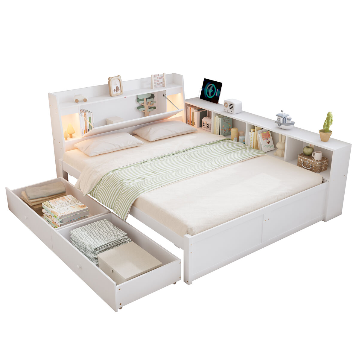 Cama juvenil,cama de solteiro de madeira de pinho 140x200cm com 2 gavetas,branco