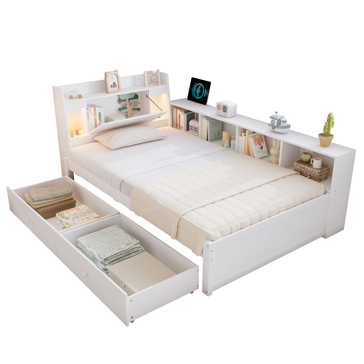 Cama juvenil,cama de solteiro de madeira de pinho 90x200cm com 2 gavetas,branco