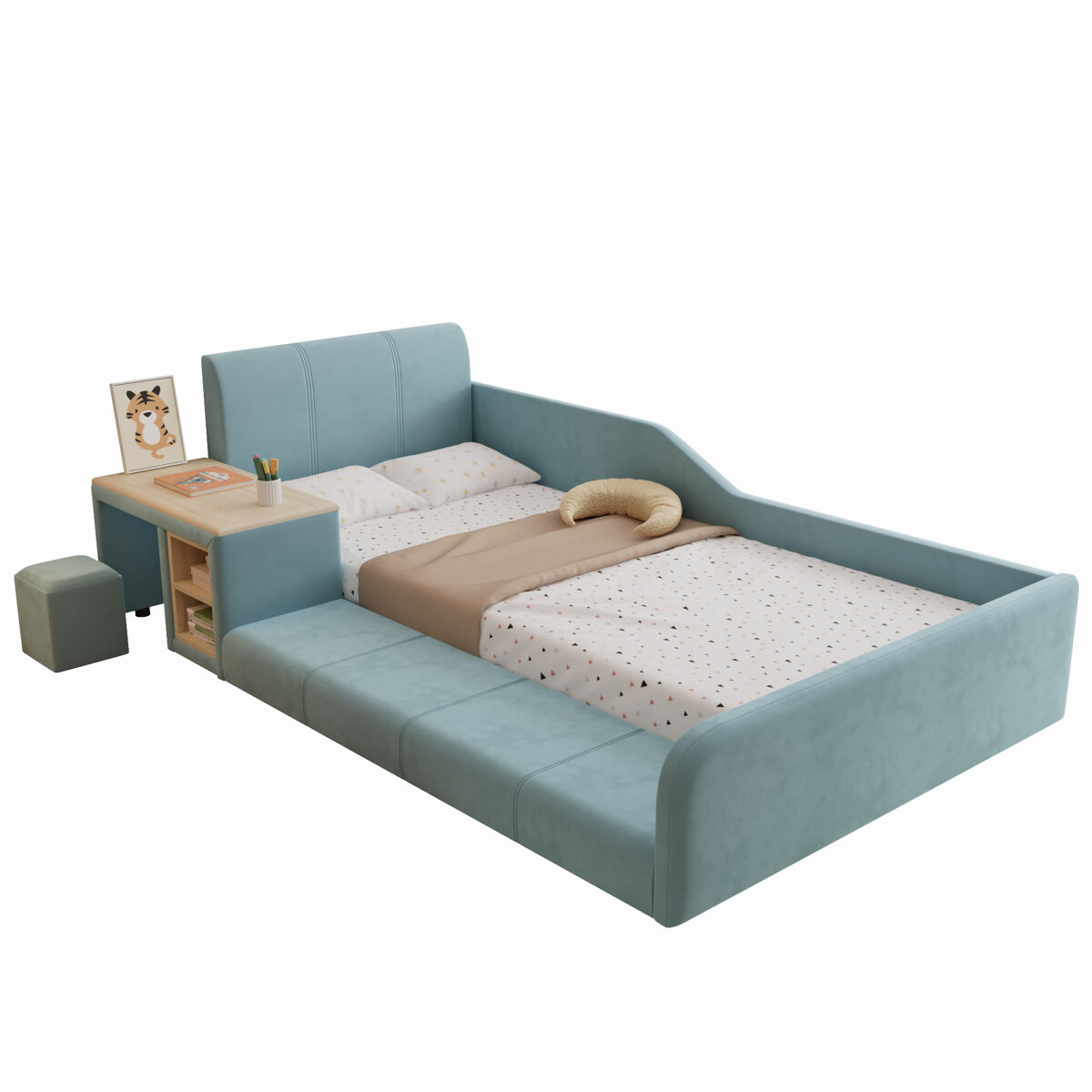 Cama de criança,cama de solteiro de veludo 90x200cm,azul