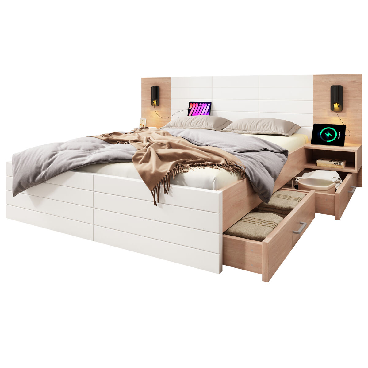 Cama de casal de madeira maciça 180x200cm com 2 gavetas,branco+carvalho