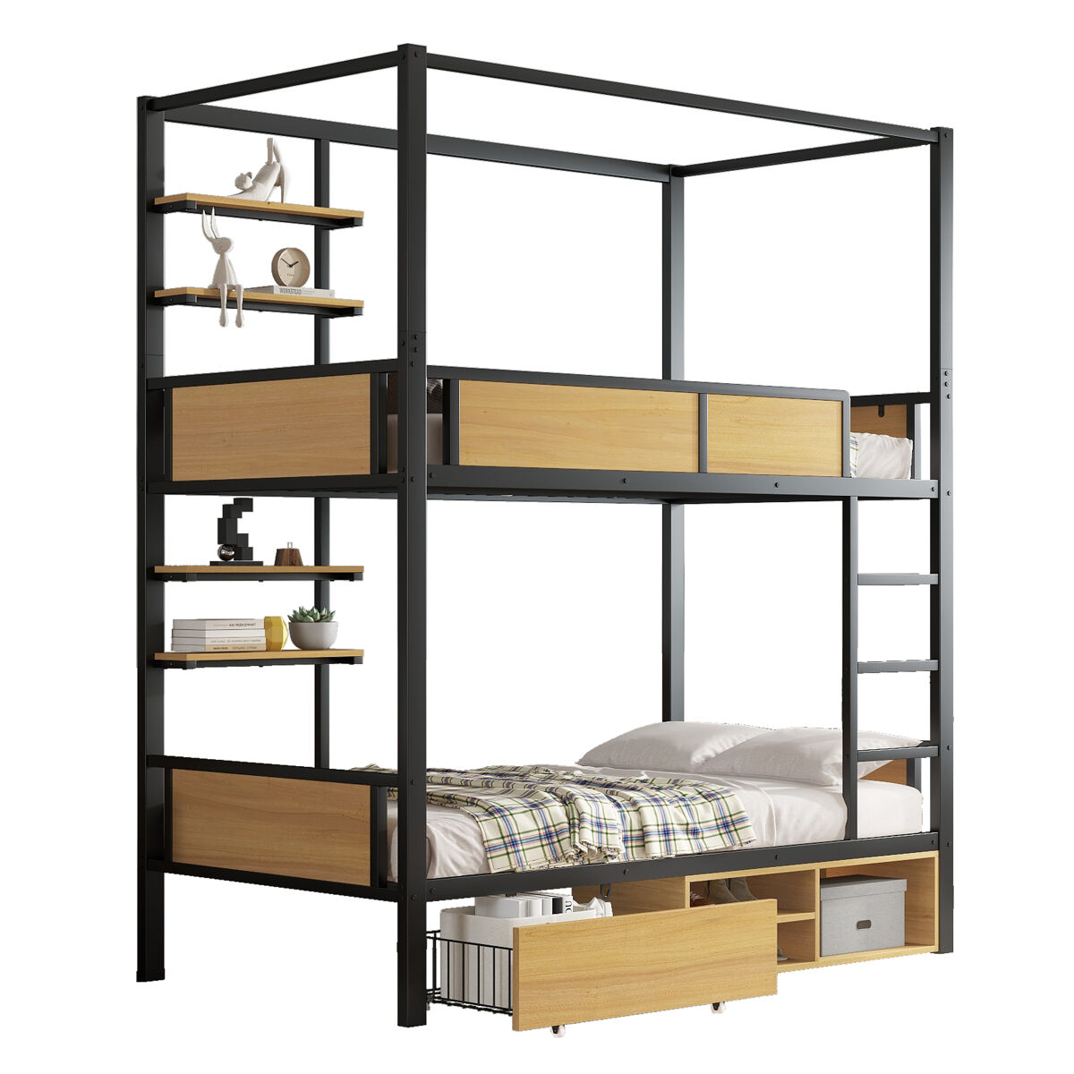 Beliche de metal e mdf 90x200cm com 1 gaveta,preto+natural