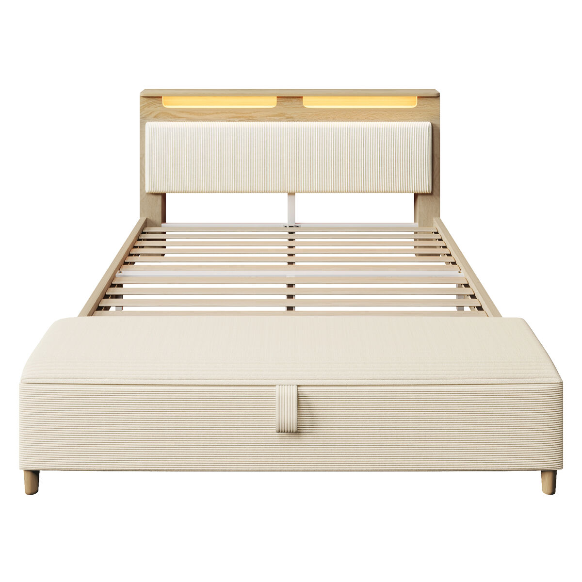 Cama de casal de madeira maciça 160x200cm com banco e luz led,bege