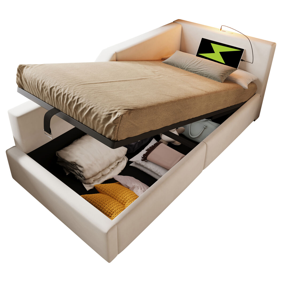 Cama de solteiro de veludo 90x200cm com armazenamento,bege