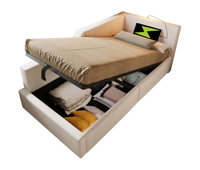 Cama de solteiro de veludo 90x200cm com armazenamento,bege