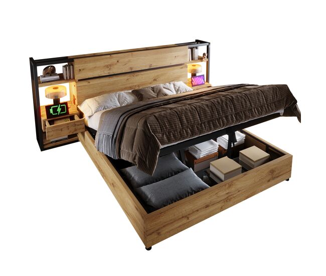Cama de casal de mdf e metal 160x200cm com armazenamento,carvalho
