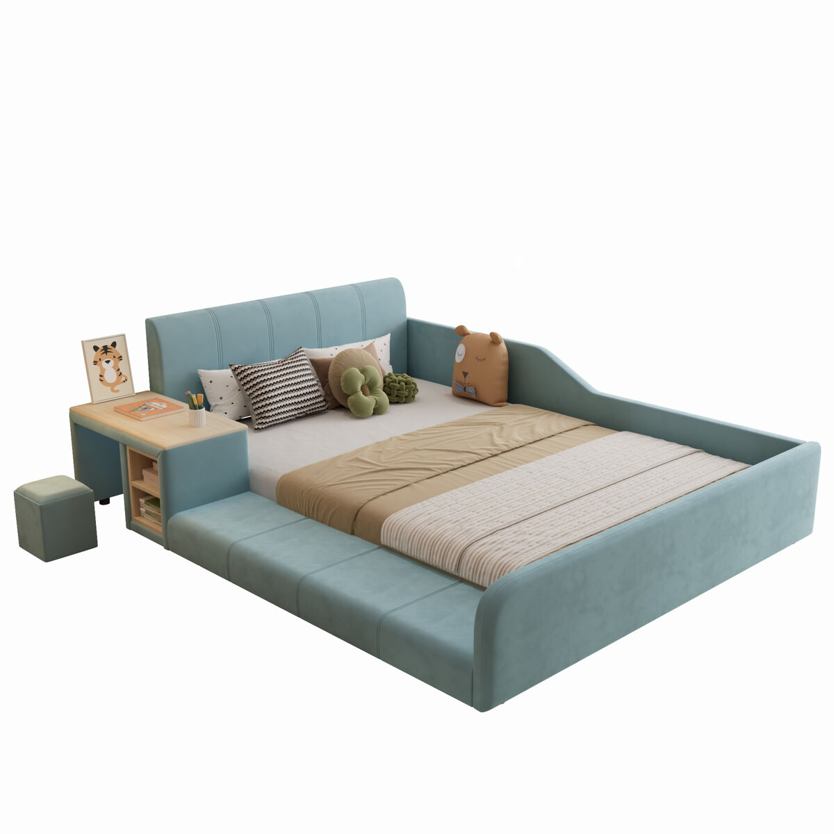 Cama de criança,cama de casal de veludo 140x200cm,azul