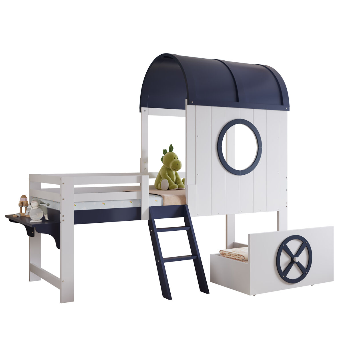 Cama de criança,cama alta de madeira de pinho 90x200cm,branco+azul