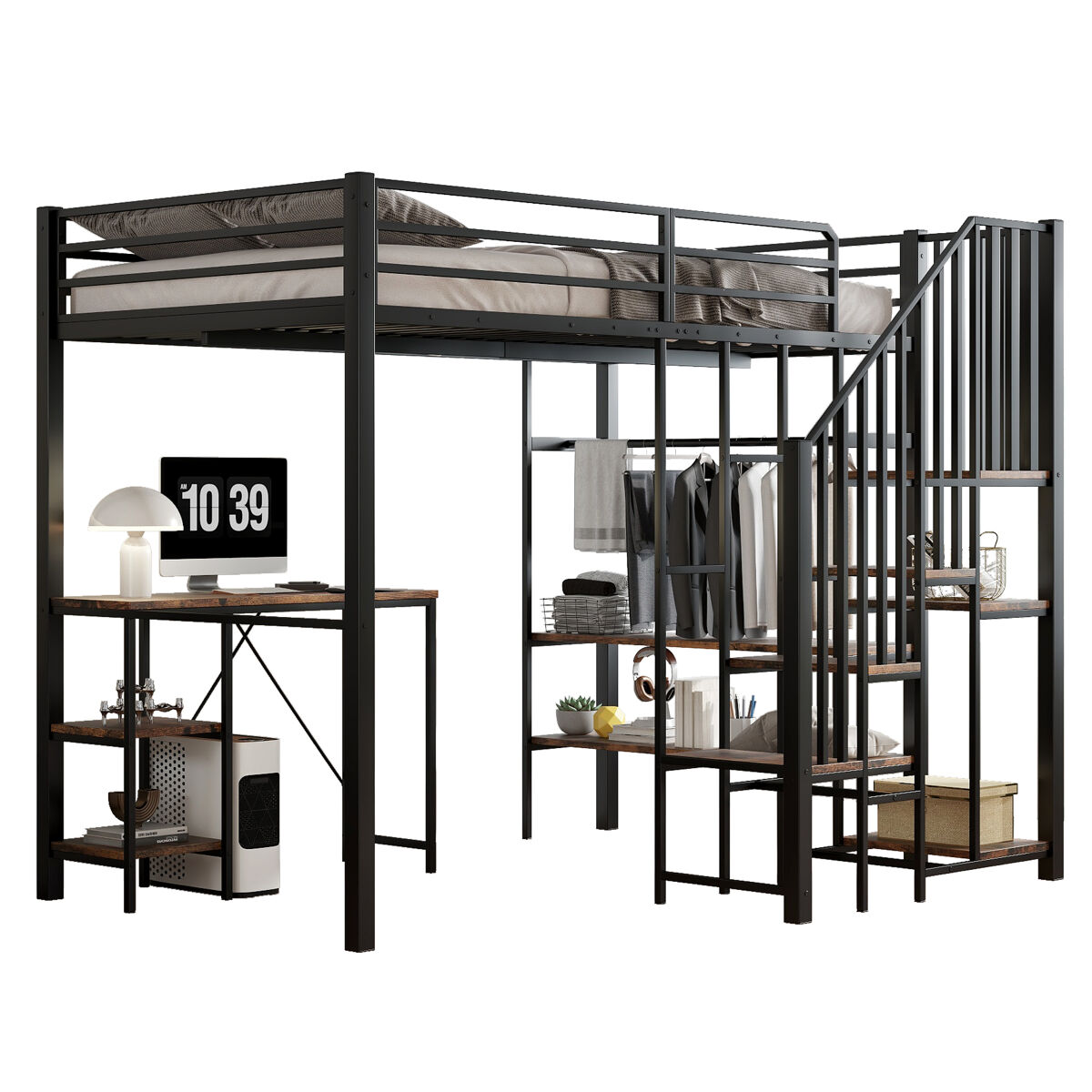 Cama de criança,cama alta de metal e mdf 120x200cm,preto+natural