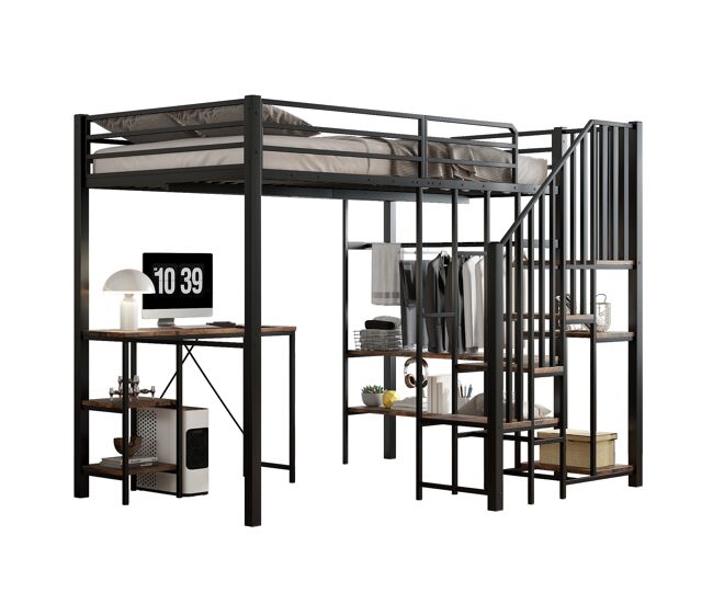 Cama de criança,cama alta de metal e mdf 120x200cm,preto+natural