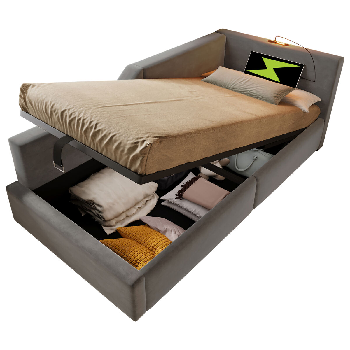Cama de solteiro de veludo 90x190cm com armazenamento,cinzento